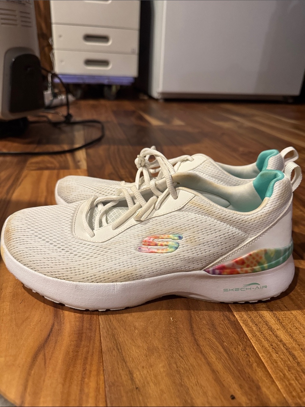 Skechers White Slip-On Athletic Sneakers with Pastel Tie-Dye Accents